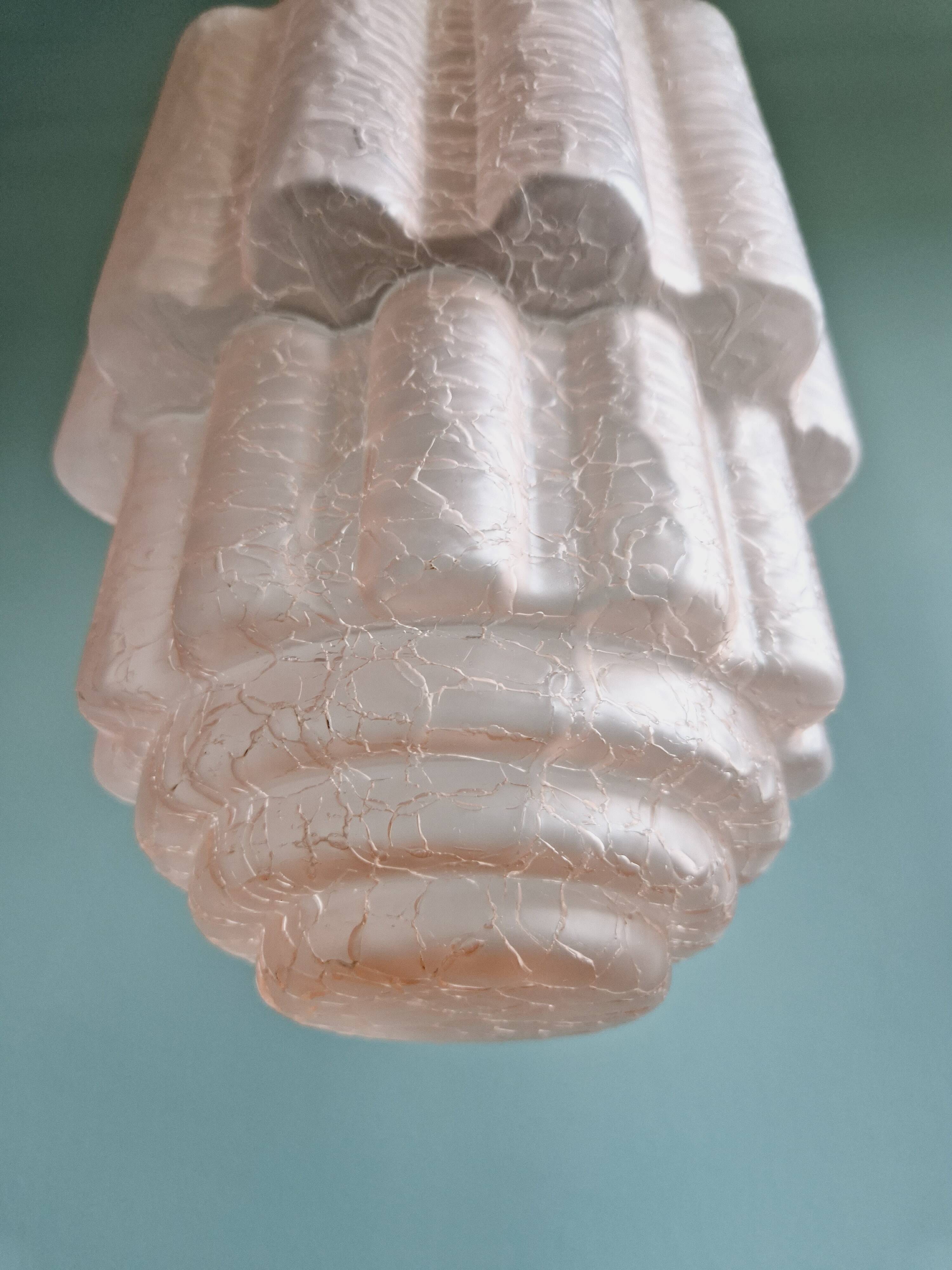 Art Deco Skyscraper pendant light in pink cracked glass