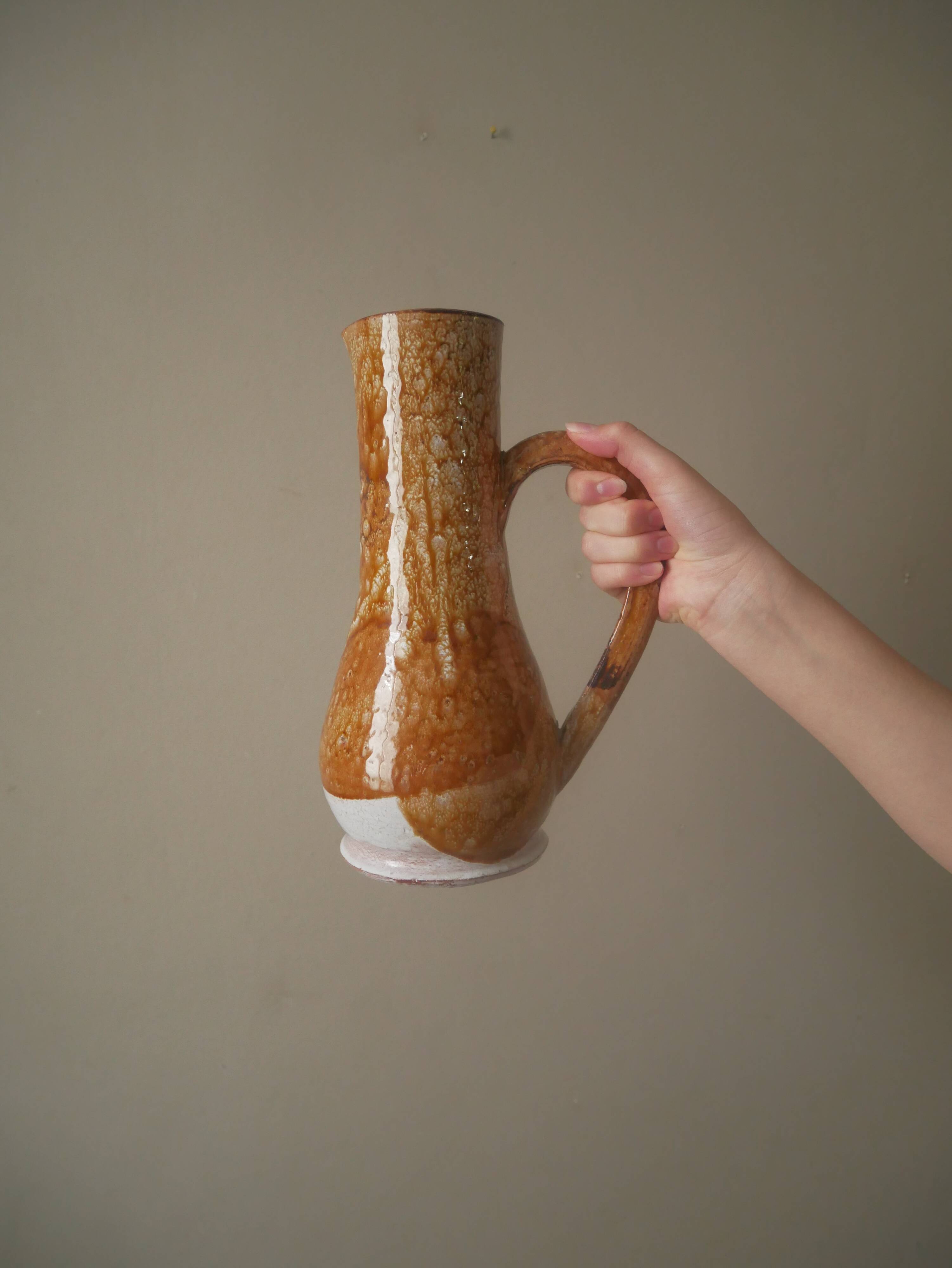 Vase with vintage ceramic handle, handcrafted, old pitcher, country decoration