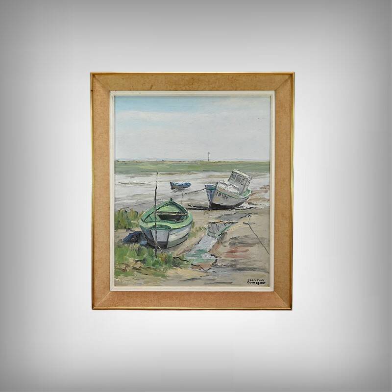 Painting “Boats at Low Tide”, signed J-P. Guinegault – 2nd part 20th century