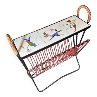 Vintage magazine holder table, bird patterns, ceramic, wrought iron and scoubidou