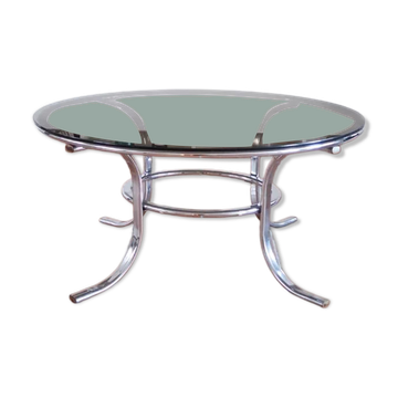 Round coffee table in smoked glass and chrome – Space Age style, 1970s