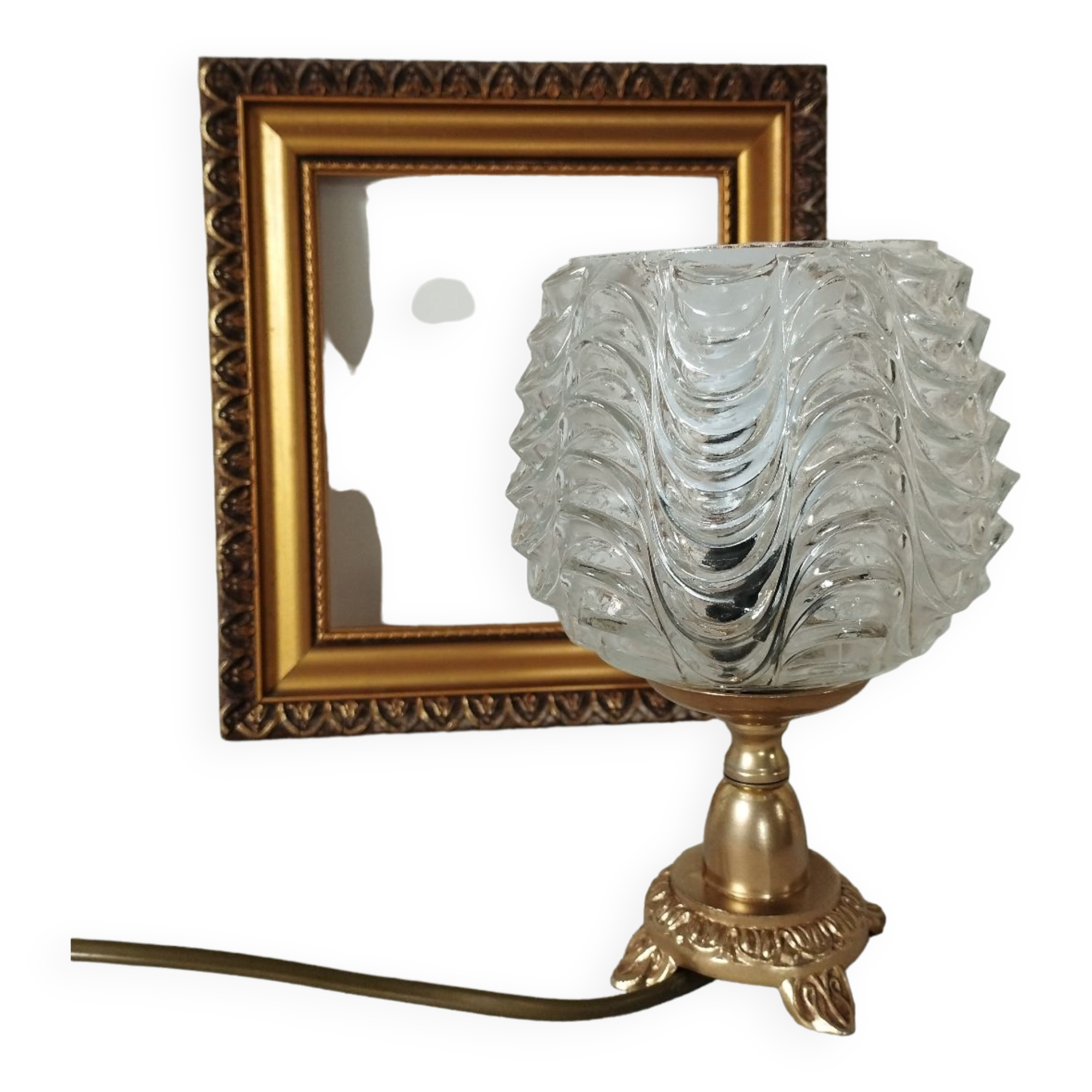 Golden metal foot lamp, twisted glass, vintage