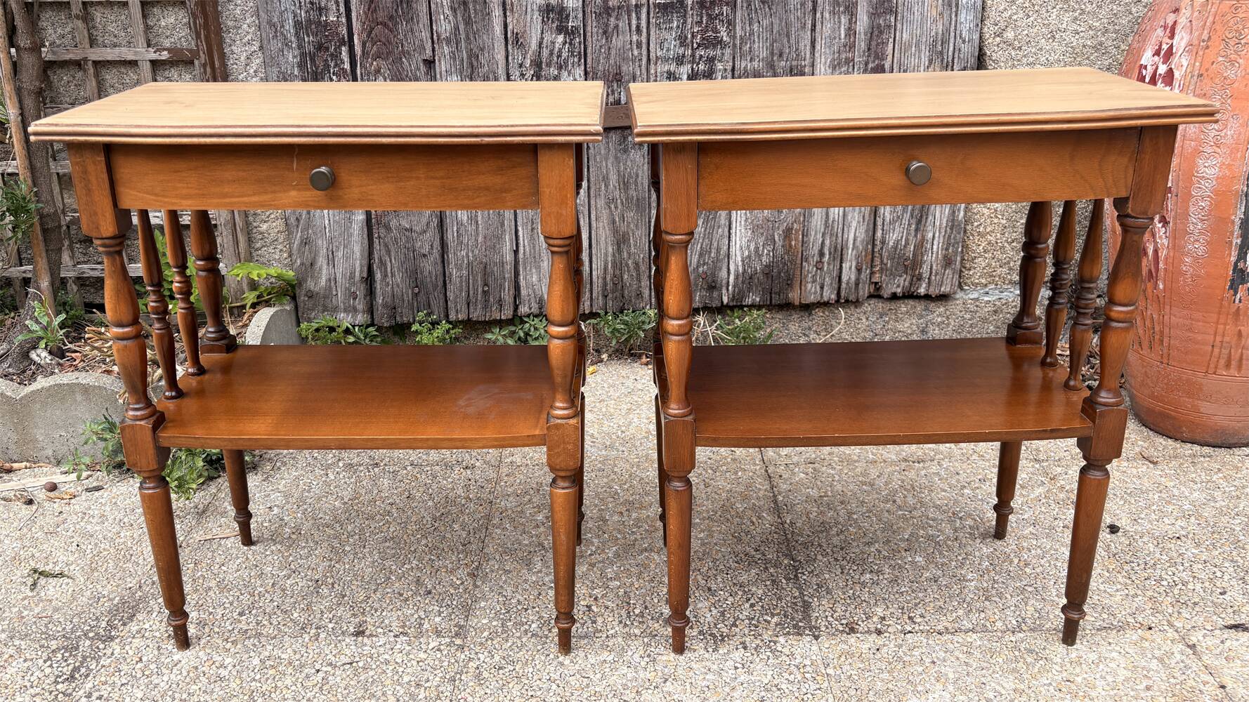 Pair of bedside tables or double-top wooden turned side tables Sty