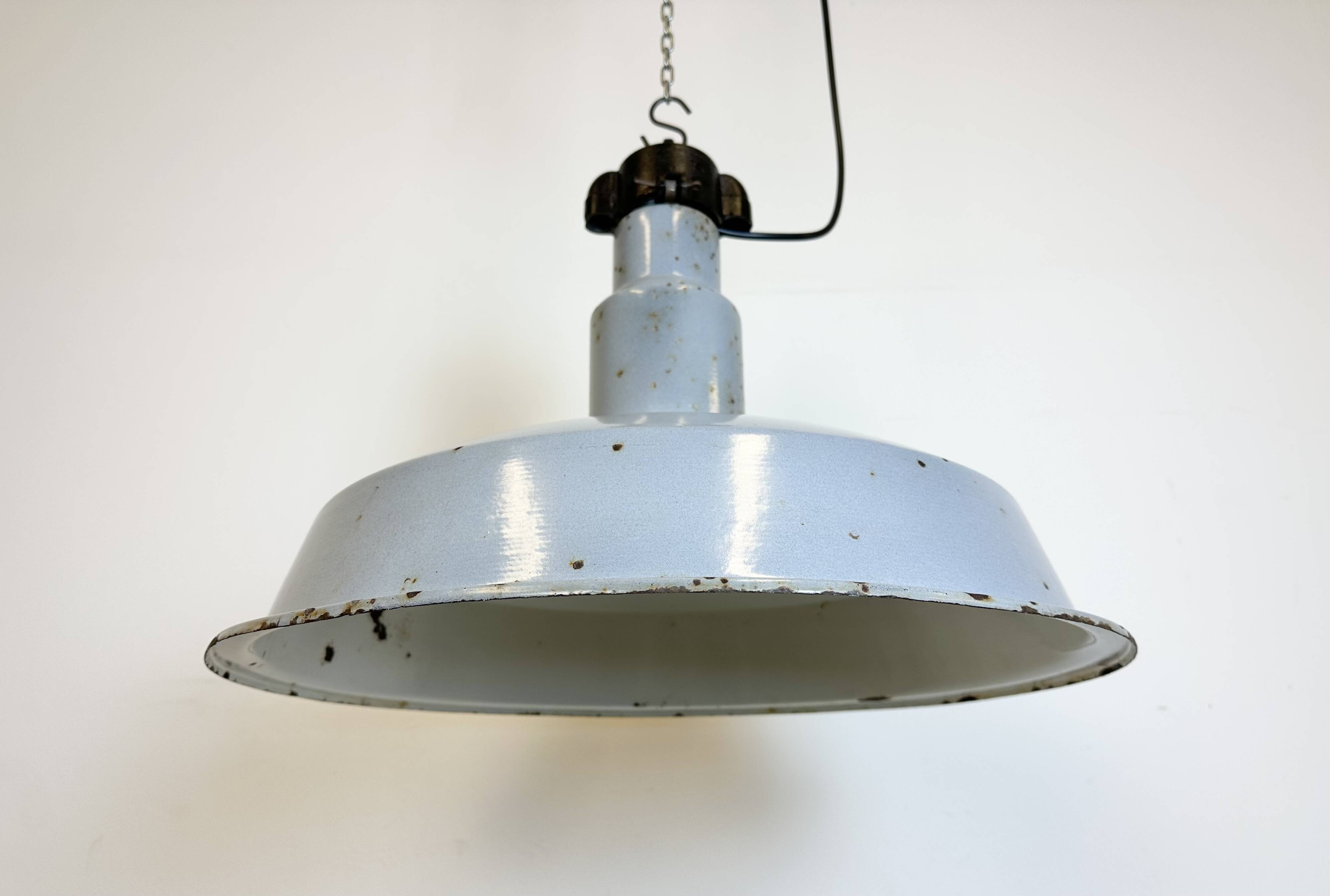 Large industrial midcentury grey enamel factory lamp, 1950s
