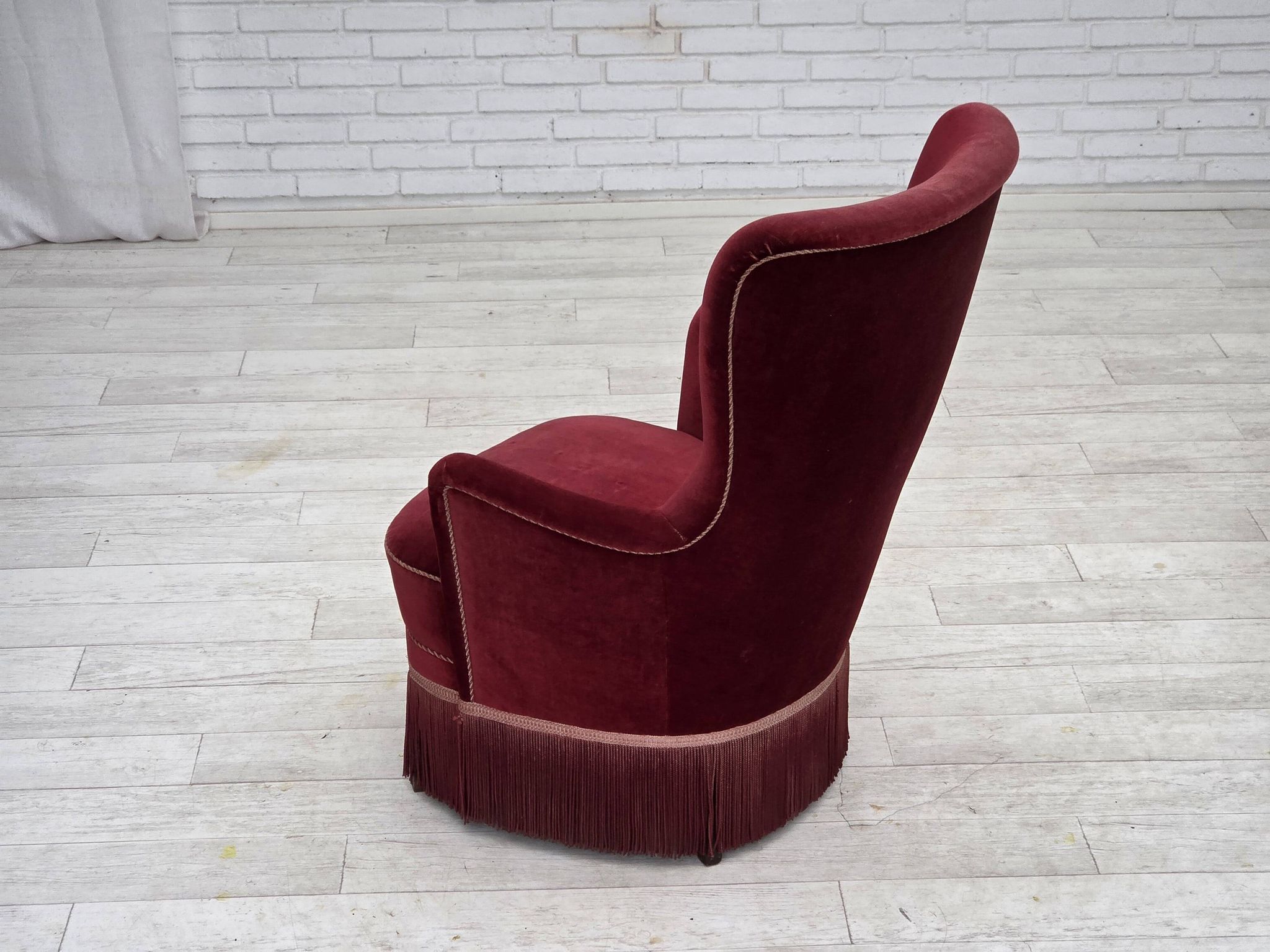 1970s, Danish armchair, cherry-red furniture velour, ash wood legs.