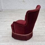 1970s, Danish armchair, cherry-red furniture velour, ash wood legs.