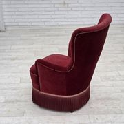 1970s, Danish armchair, cherry-red furniture velour, ash wood legs.