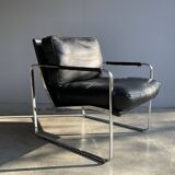 Vintage black leather armchair on metal base, 1980s