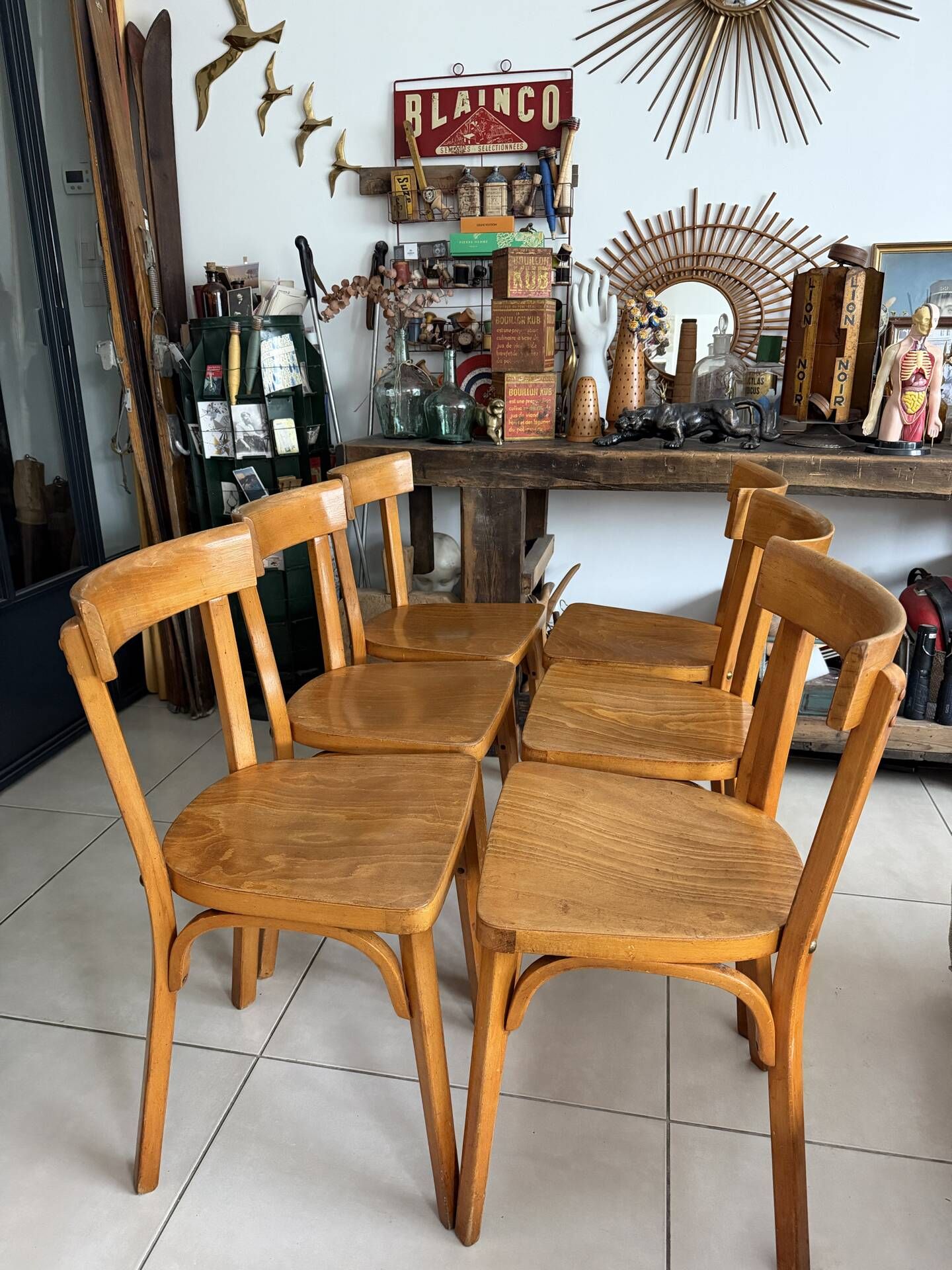 Set of 6 vintage wooden bistro chairs by Baumann