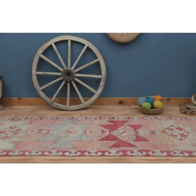 1970s Vintage Turkish Handmade Wool & Cotton Pink Runner Rug 100X349
