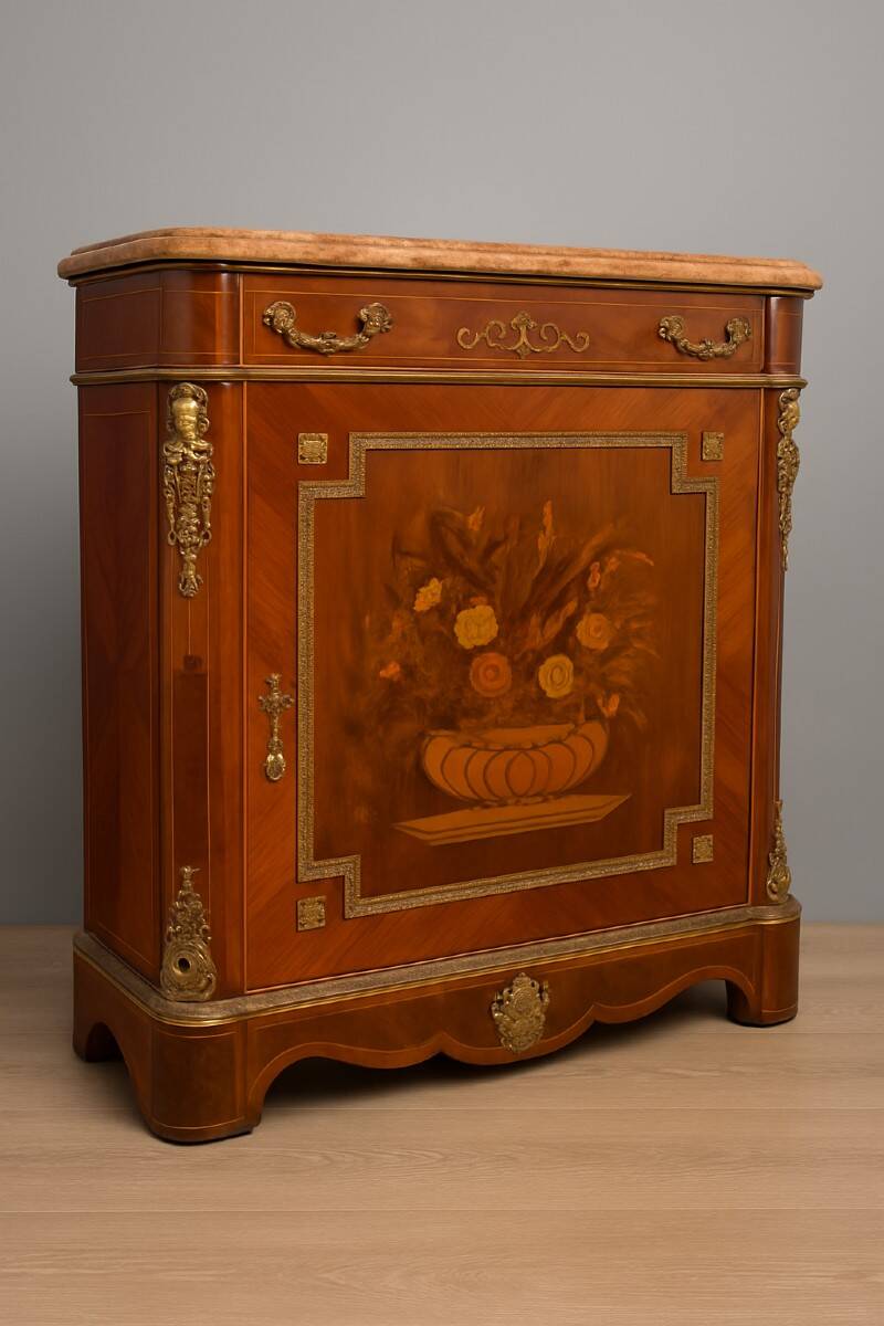 Support furniture in precious wood marquetry, richly decorated with floral marquetry.