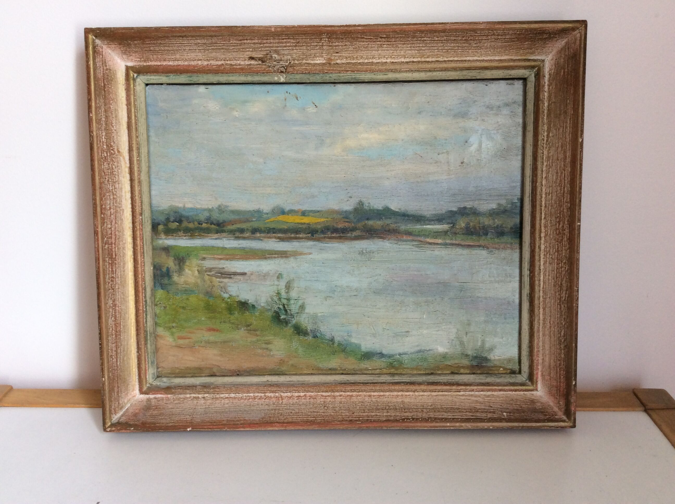 Old painting, riverside landscape
