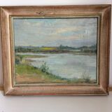 Old painting, riverside landscape