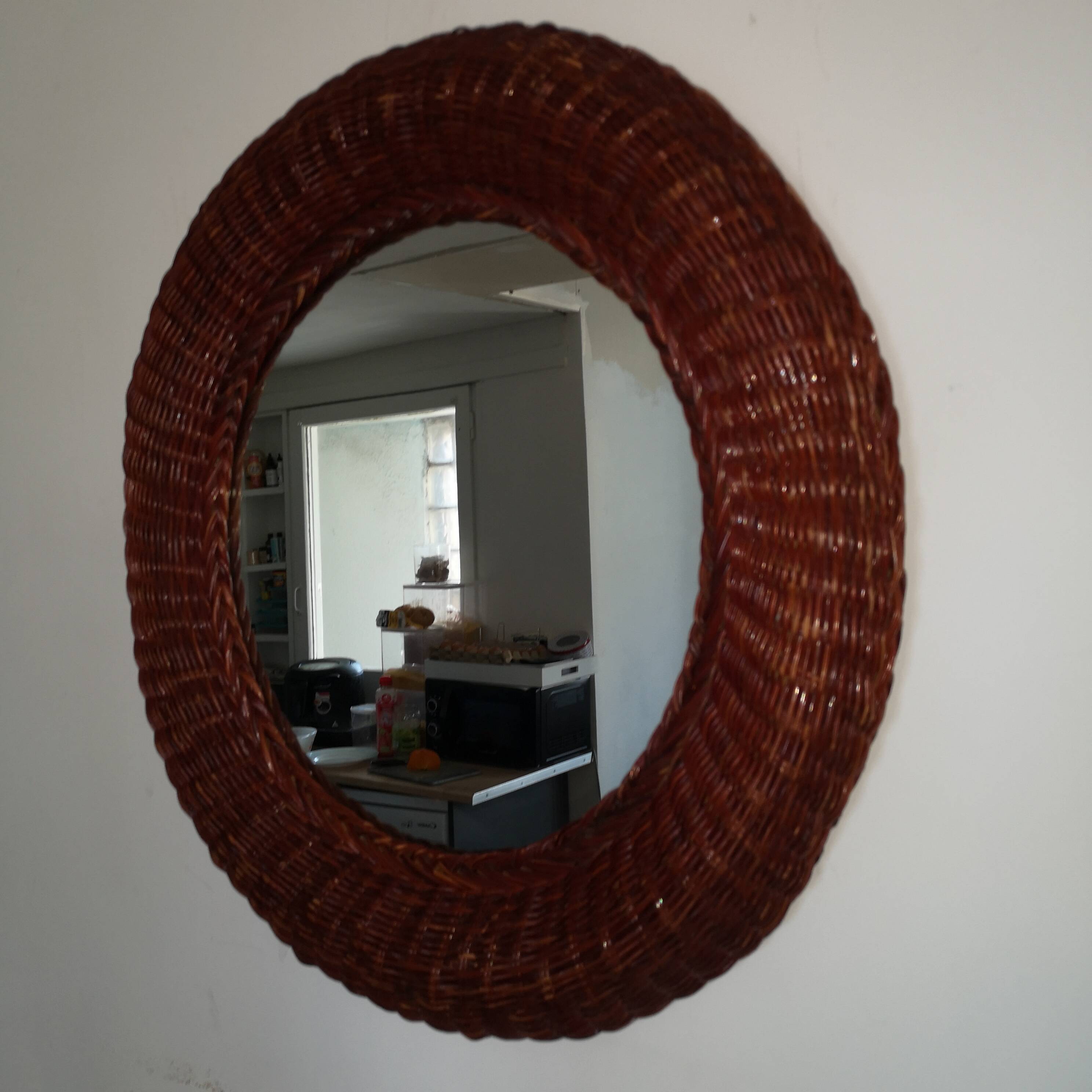 Woven wicker mirror vintage italy 1970