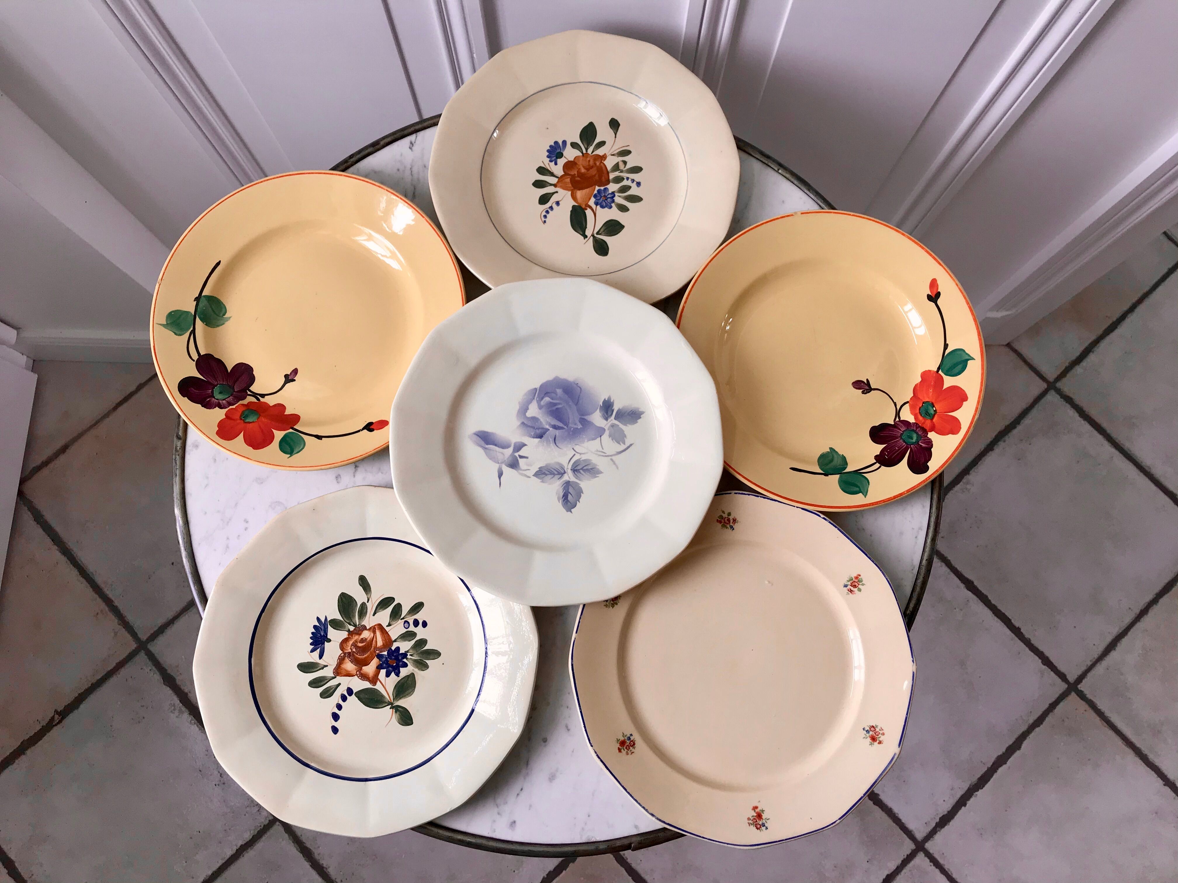Lot de 6 assiettes plates dépareillées digoin sarreguemines modèle "ginette" & autre années 40-50