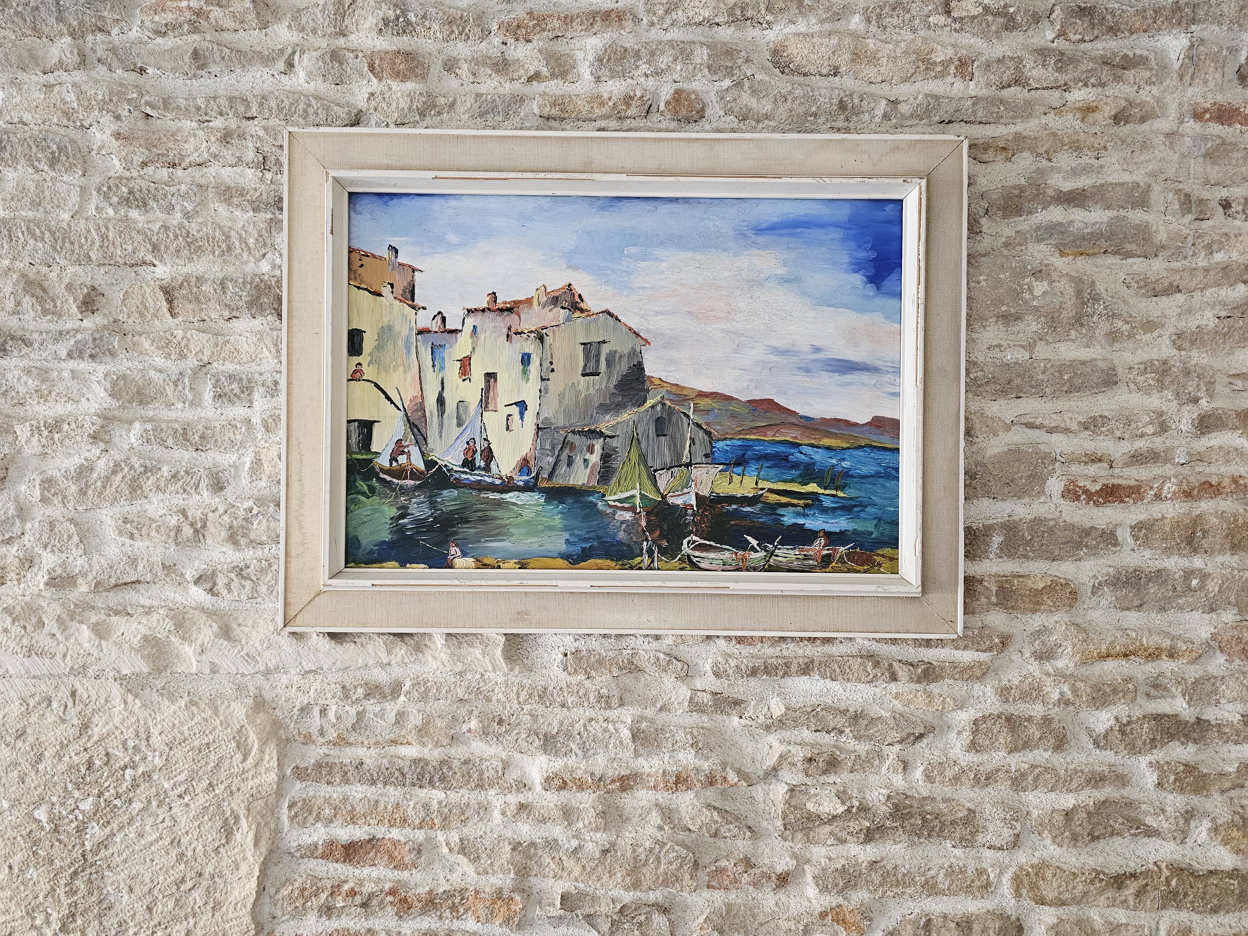 Oil painting on Isorel Marine Port Les Martigues signed (to be identified)
