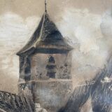 Tableau Dessin encre XIX° siècle "l'église abandonnée" signé Constant