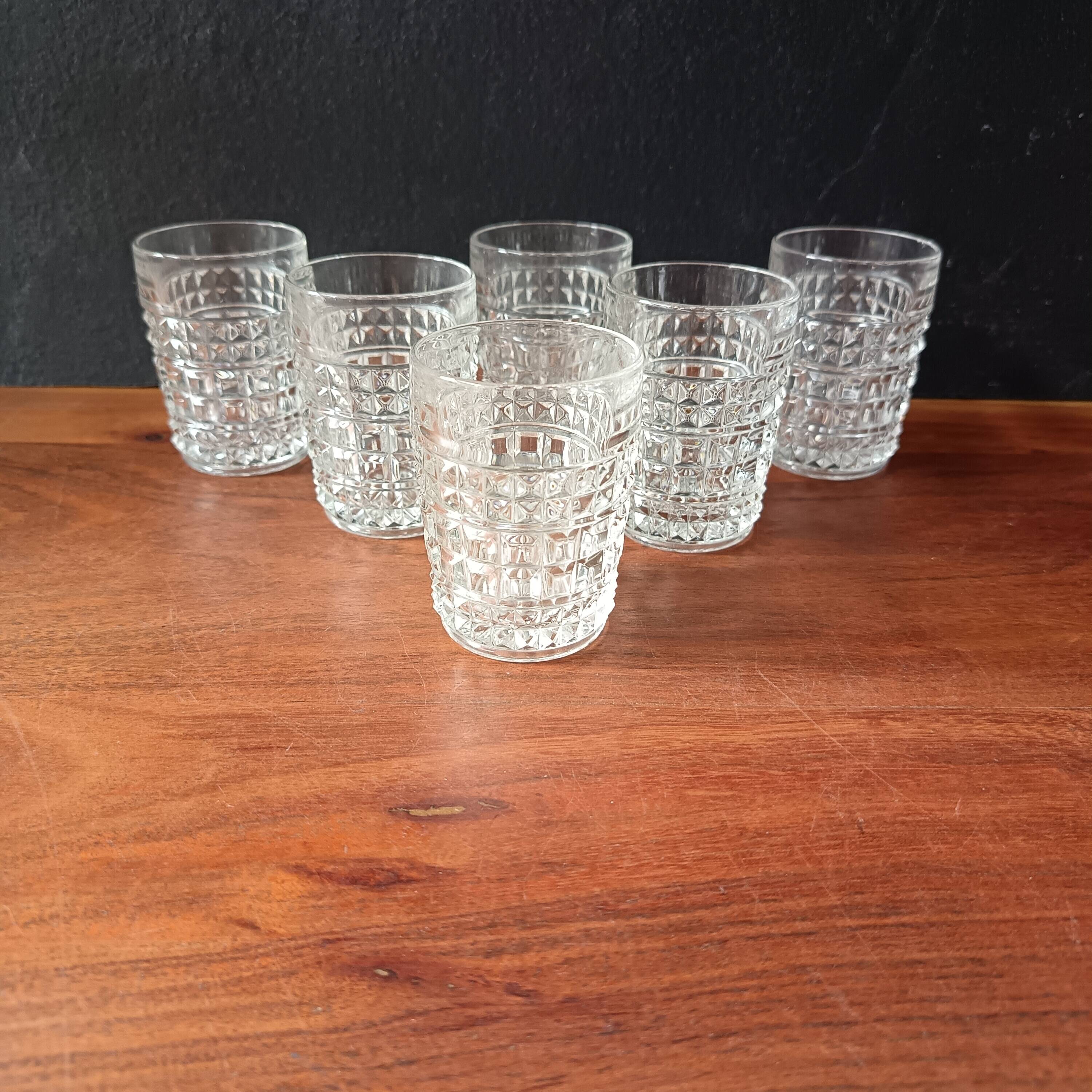 6 small vintage textured clear glasses