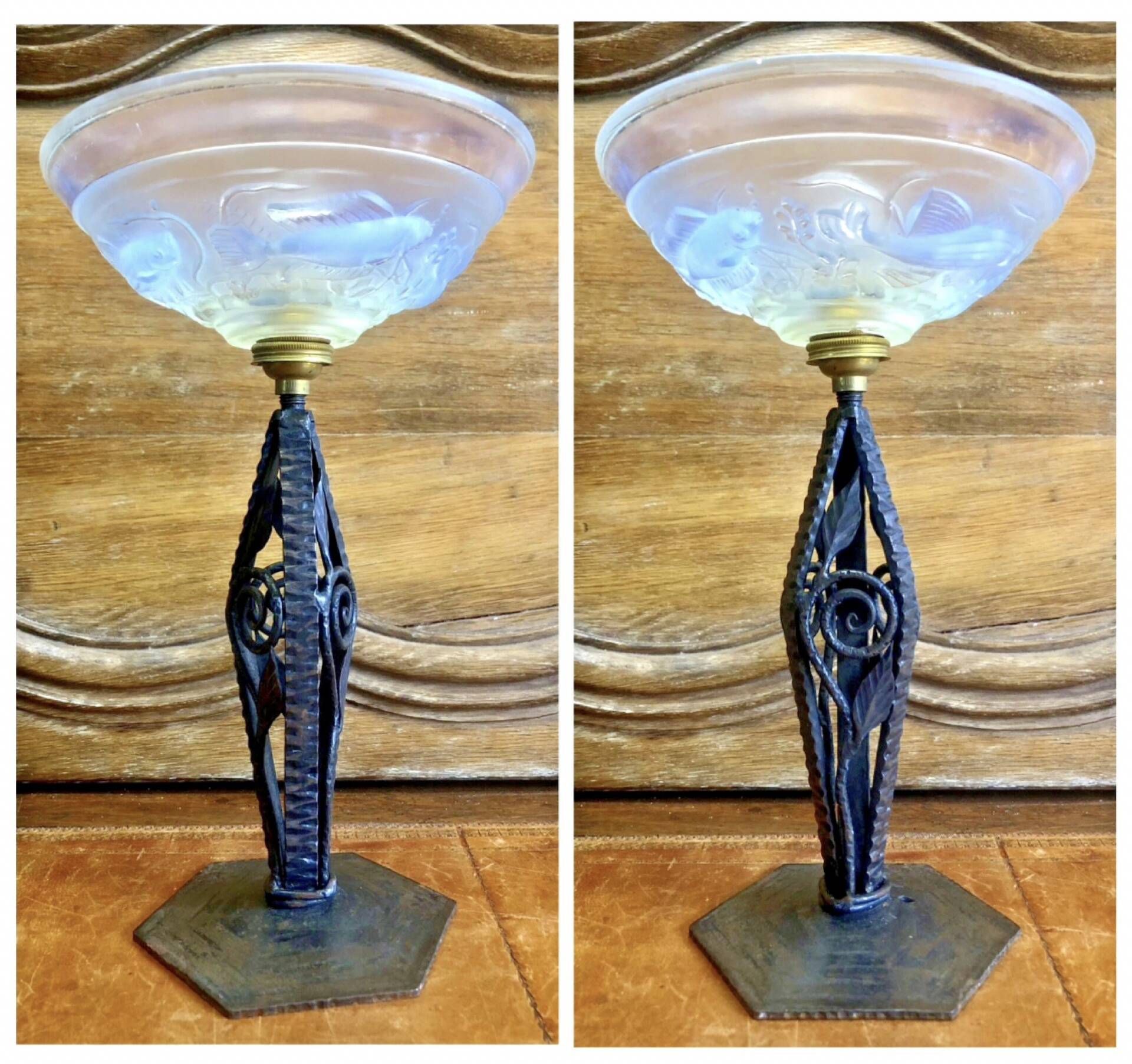 Art Deco lamp 1930 wrought iron opalescent glass fish Ezan