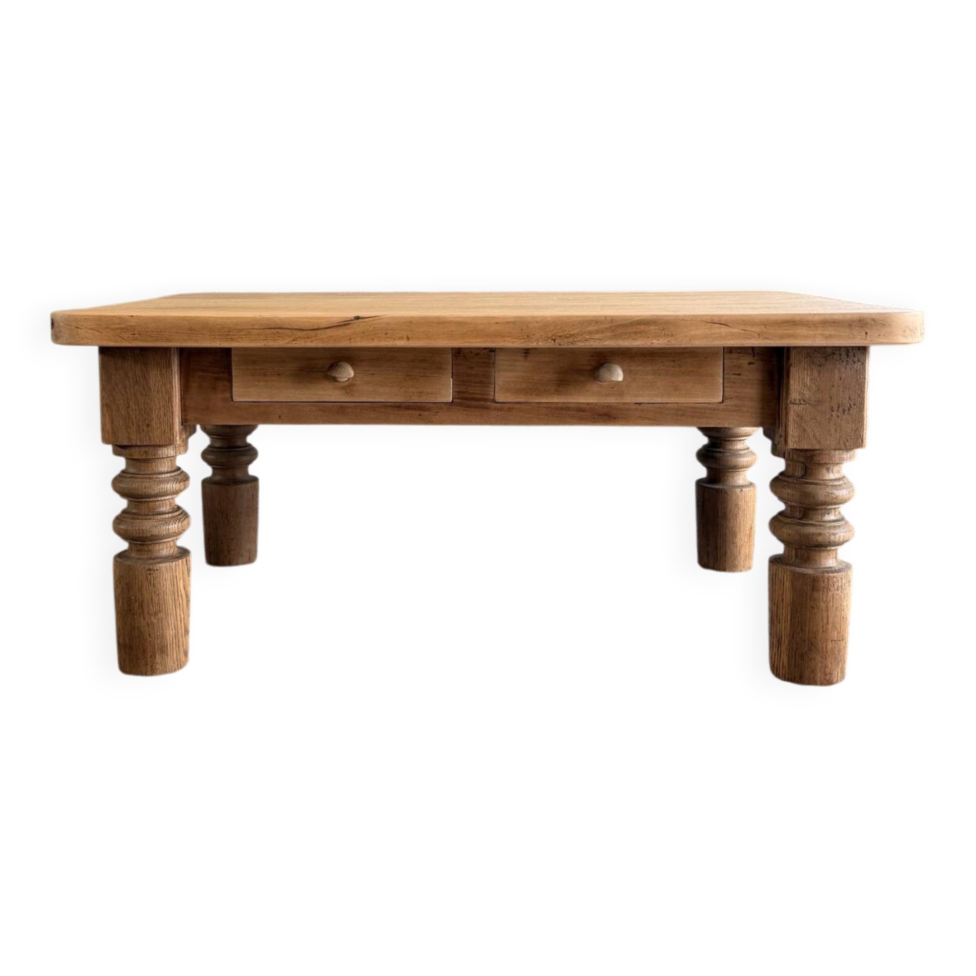 Antique solid wood coffee table – 2 drawers – turned legs