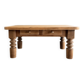 Table basse ancienne en bois massif – 2 tiroirs – pieds tournés