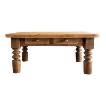 Table basse ancienne en bois massif – 2 tiroirs – pieds tournés