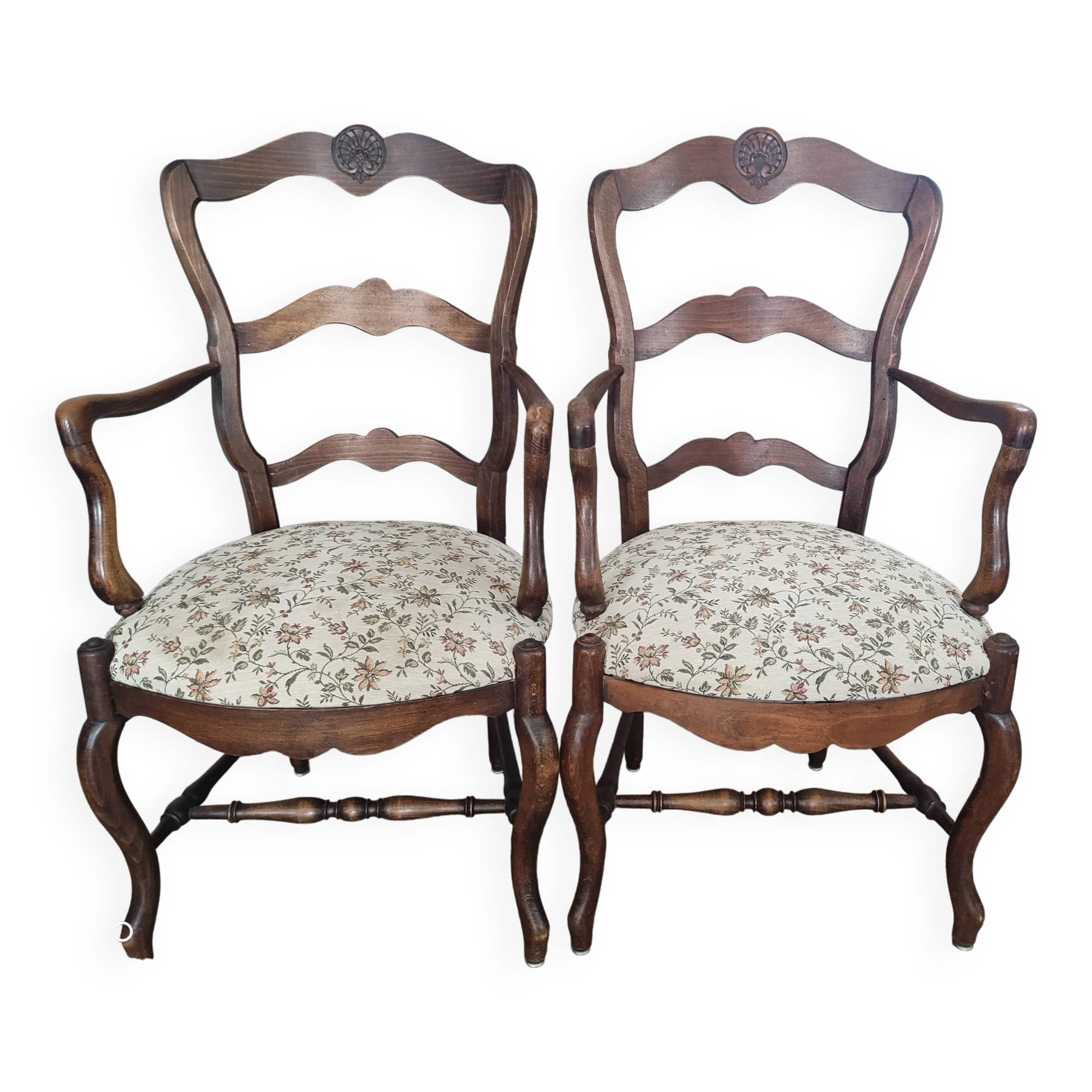 Pair of Provencal armchairs in brown wood and floral fabric