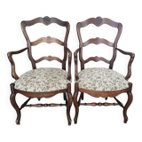 Pair of Provencal armchairs in brown wood and floral fabric