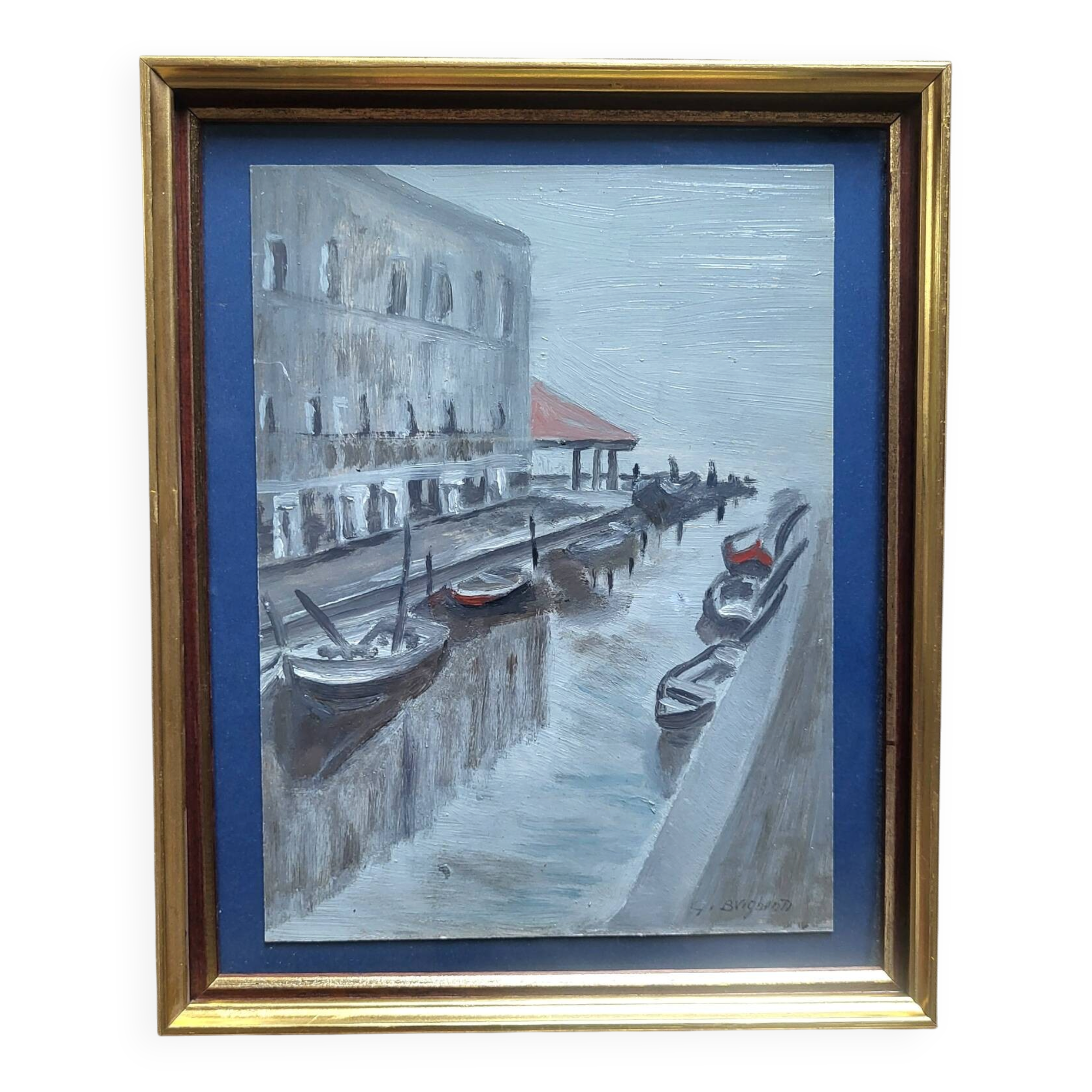 Venice Painting – Oil on old cardboard signed G. Brighenti – Frame