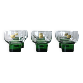 Set of 6 water glasses on wide green base - glass.