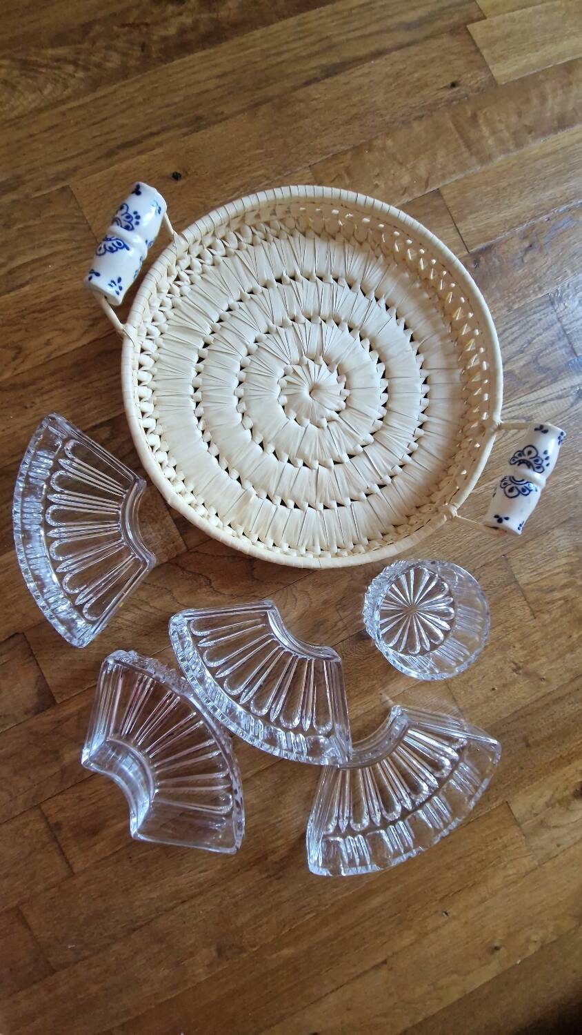 Old rattan raffia porcelain tray appetizer server ramekins vintage crystal dish