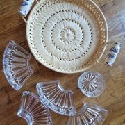 Old rattan raffia porcelain tray appetizer server ramekins vintage crystal dish