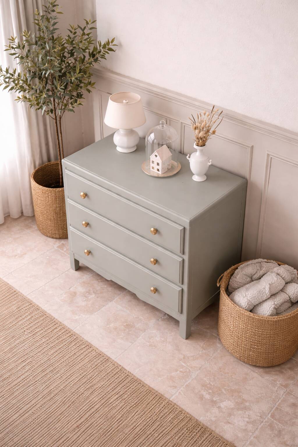 Vintage commode enhanced in grey-green.