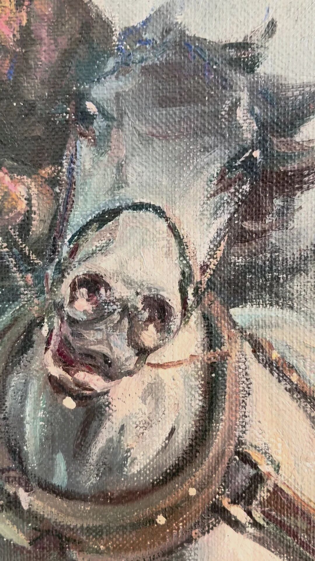 Peinture à l'huile vintage originale de cheval, grande œuvre d'art équestre signée pour mur.