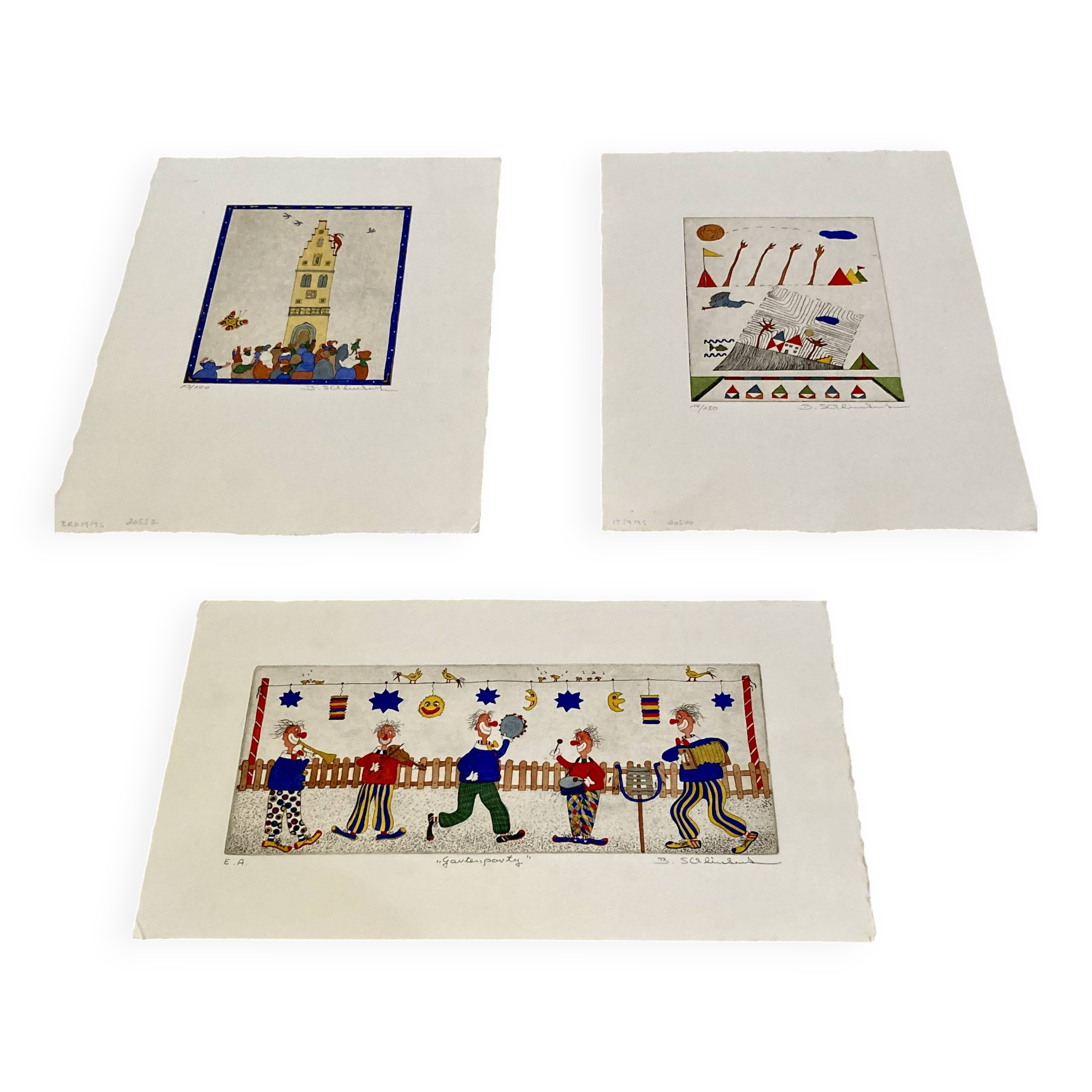 Set of three stamped drawings.