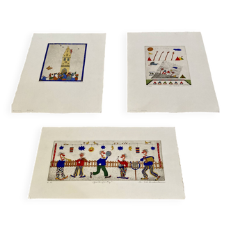 Set of three stamped drawings.