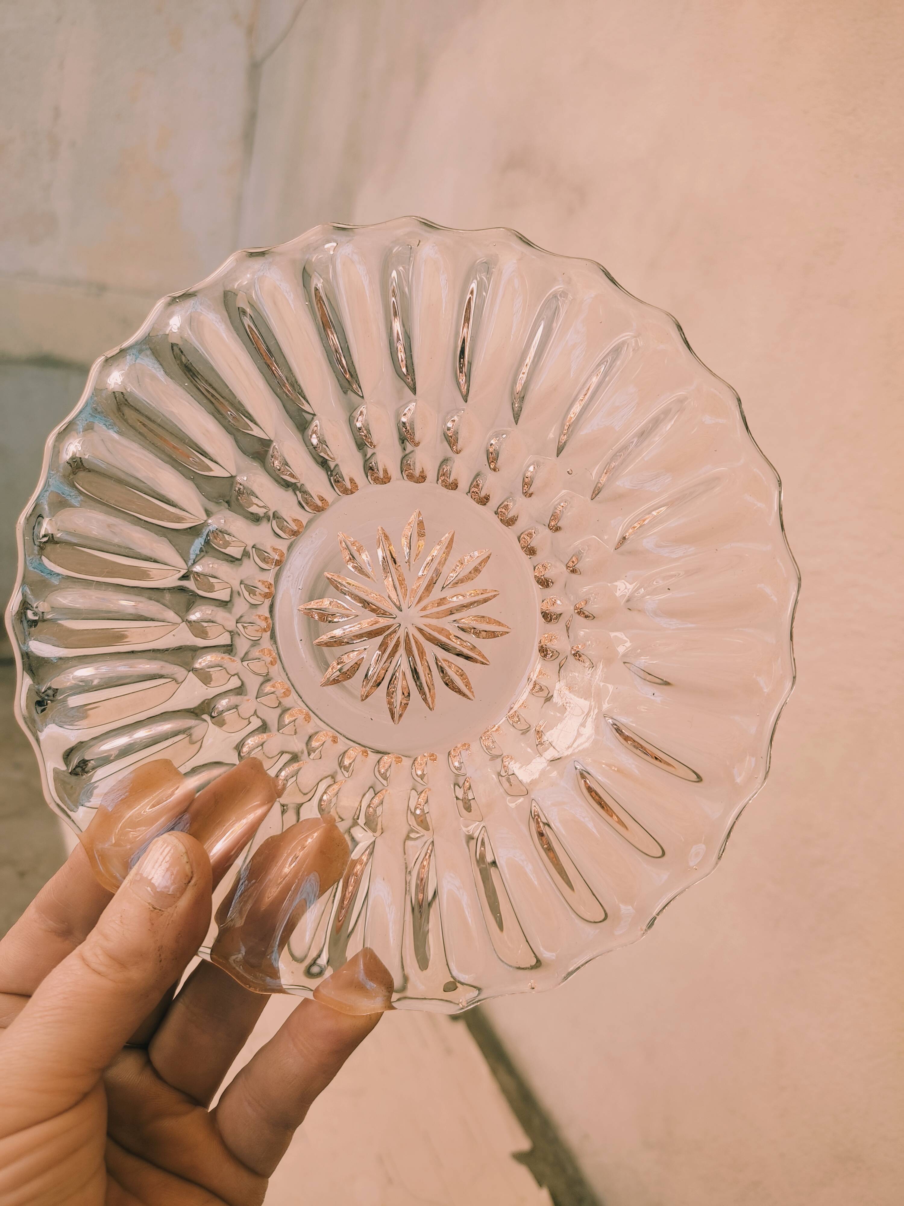 5 pink glass dessert plates