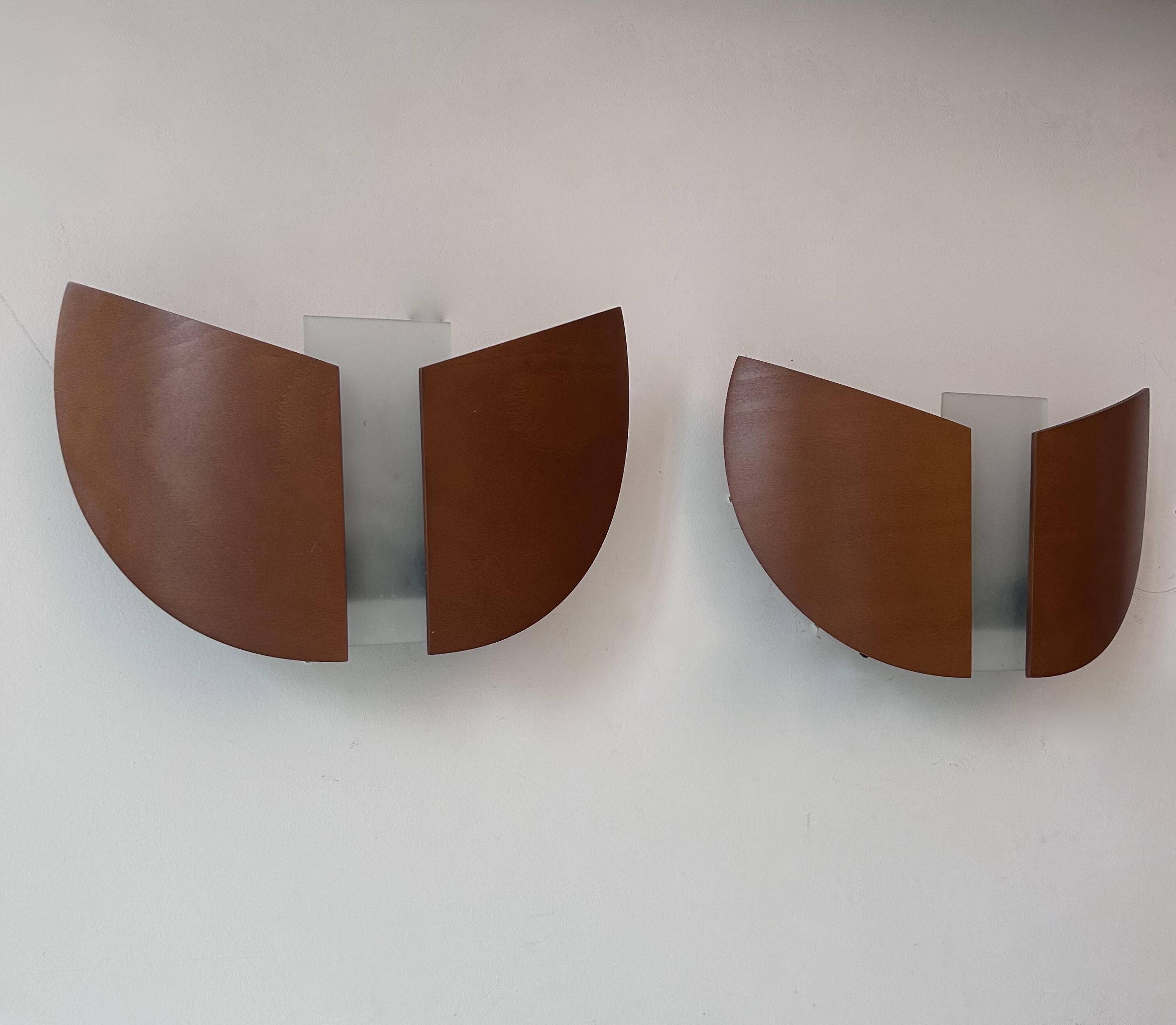 Pair of vintage thermoformed wood and sandblasted glass wall lights, France, 1980