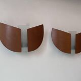 Pair of vintage thermoformed wood and sandblasted glass wall lights, France, 1980