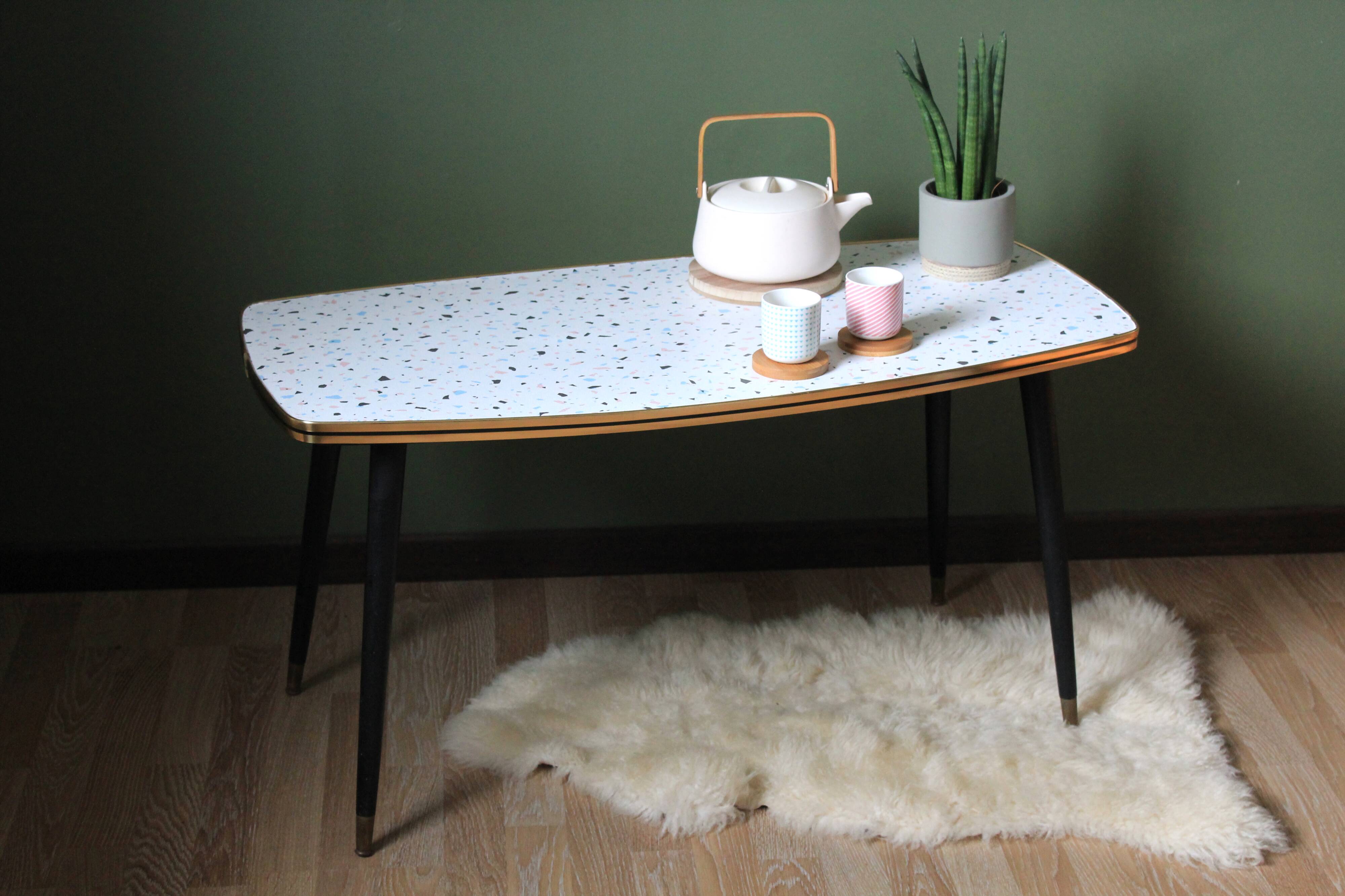 Formica/Terrazzo coffee table with brass compass legs