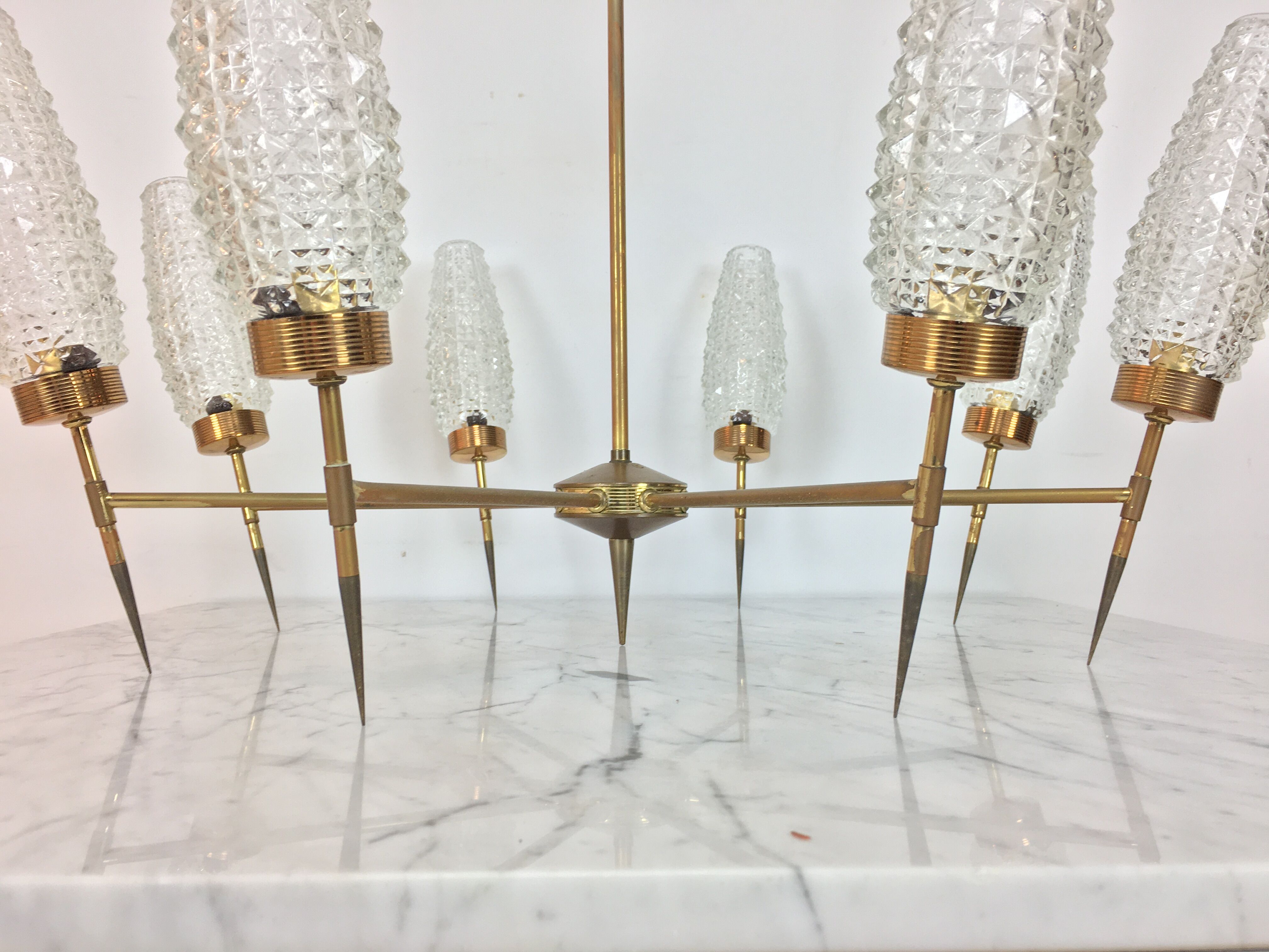 50s chandelier, 8 fires, brass and ice glass tulips
