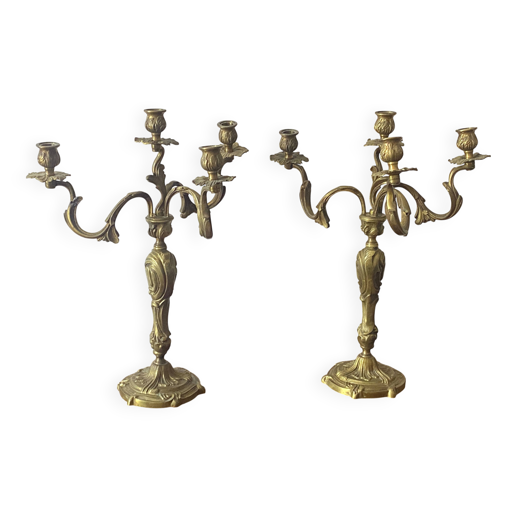 Pair of Louis XV style gilt bronze candlesticks / candelabras - H: 49 cm