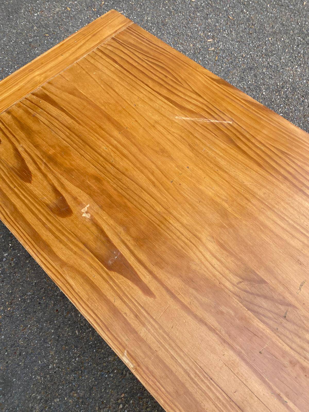 Solid wood coffee table with sliding door, stained pine, 120x60cm.
