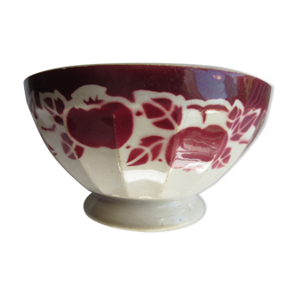 Bowl with white ribs; wide frieze of red apples, Made in France