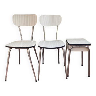 Pair of white formica chairs and stool