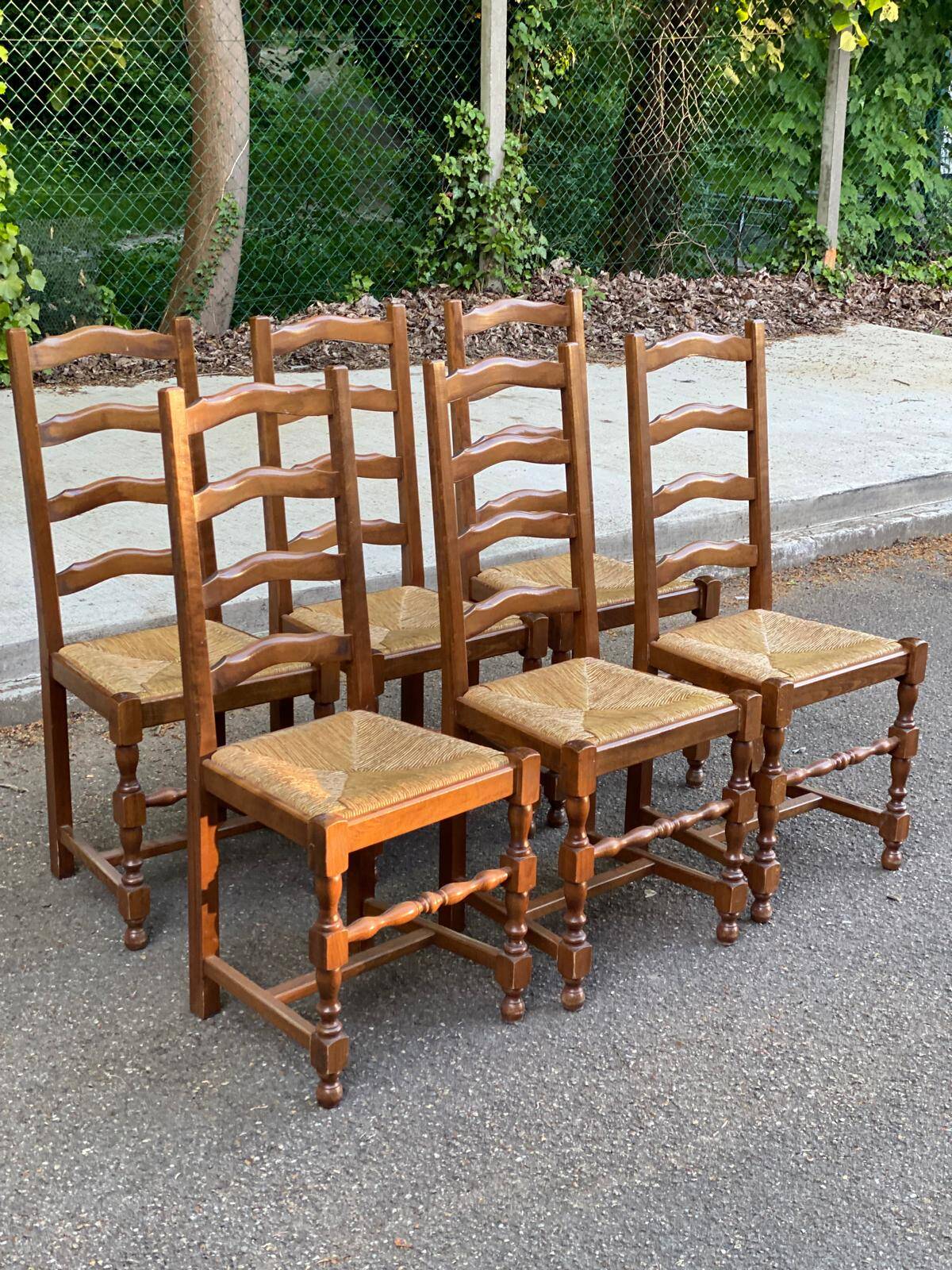 6 solid oak and straw chairs, high back, 102cm