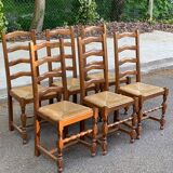 6 solid oak and straw chairs, high back, 102cm