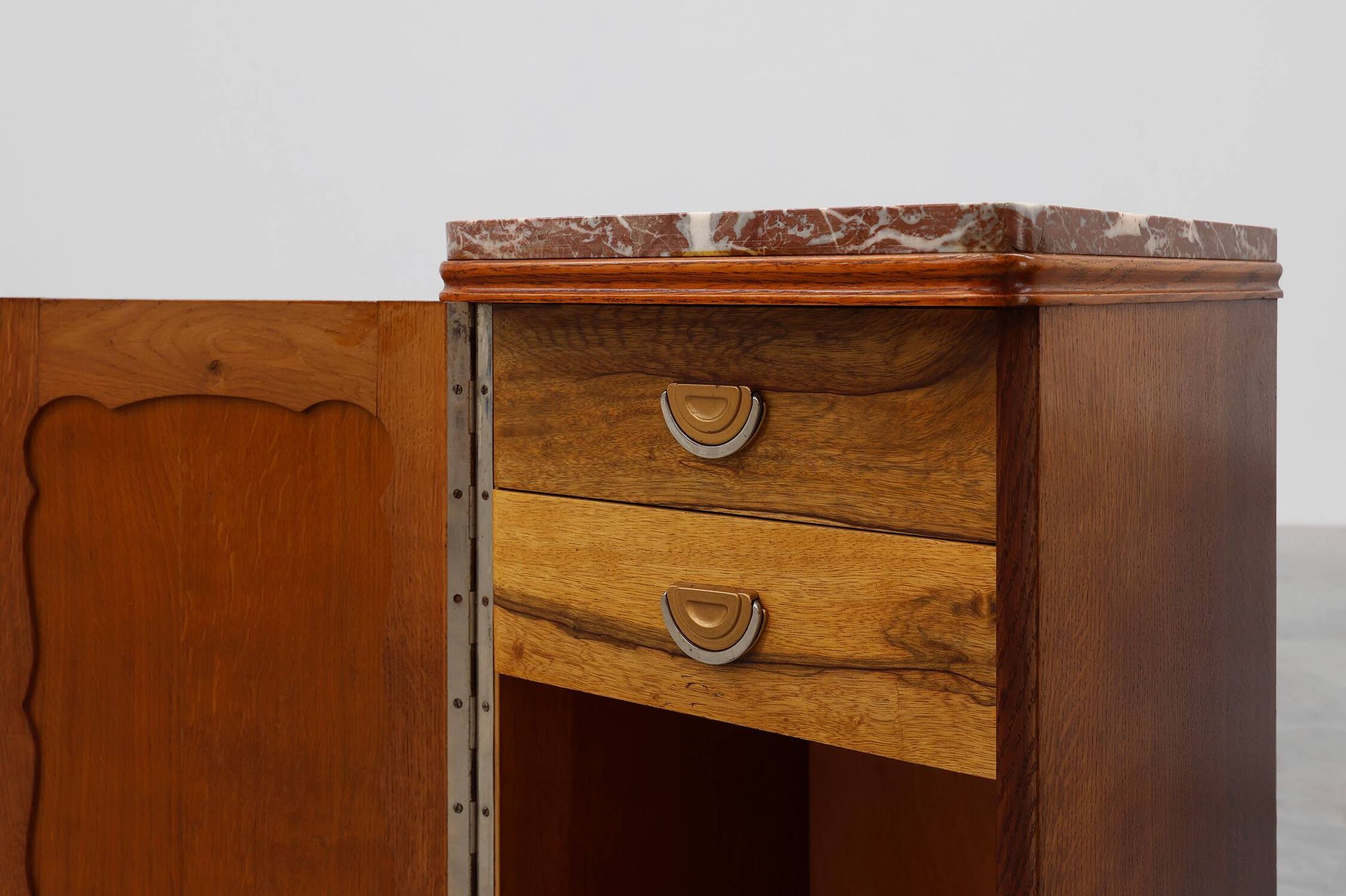 Pair of Art Deco nightstands in oak with marble top, France ca. 1925