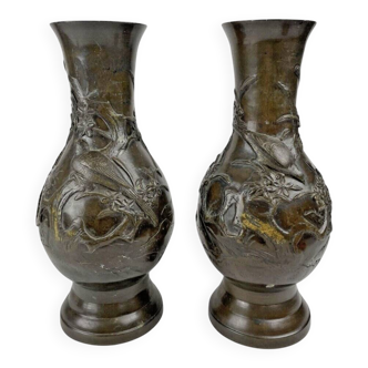 Paire de vase japonais en bronze Meiji par Nippon Kyoto Yosh -407012