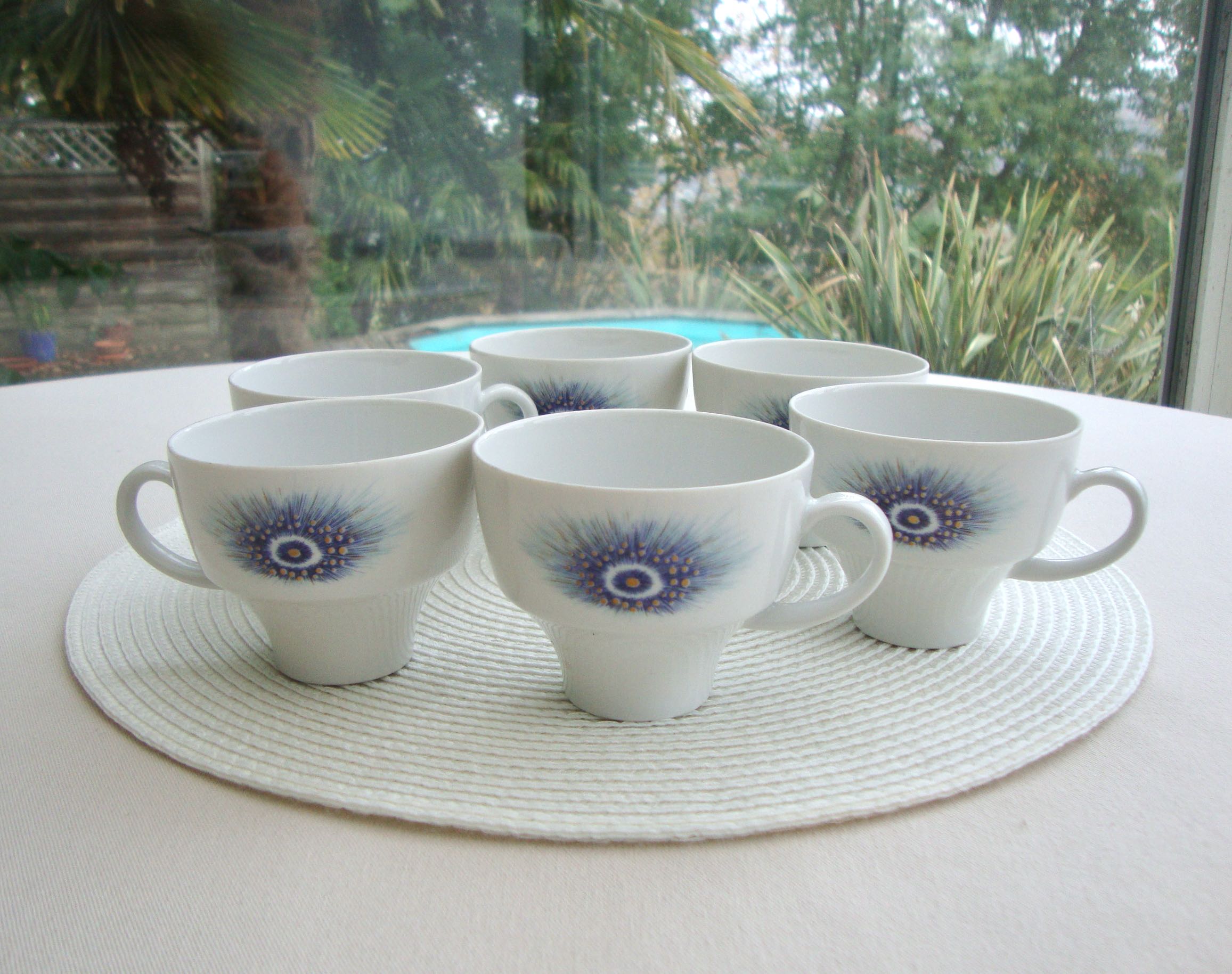 Set of 6 cups peacock feathers